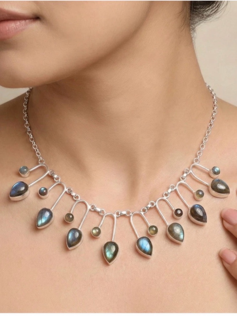 Labradorite Teardrop Fringe Choker Necklace - Sterling Silver